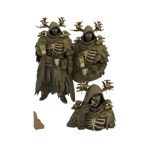 3D model of a skeletal cultist figure with mushrooms growing on its body, holding a bottle.