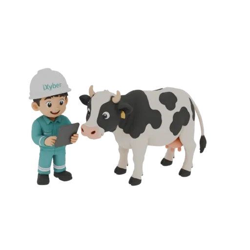 3D render of a cartoon farmer in a hard hat and teal uniform holding a tablet, standing next to a black and white Holstein co