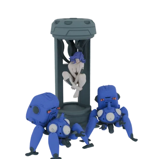 3D model of two blue Tachikoma robots in front of a pod containing a resting Motoko Kusanagi, Ghost in the Shell.