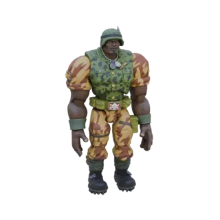 Modelo 3D de un soldado musculoso con camuflaje desértico, casco y botas, de pie con los brazos a los lados.