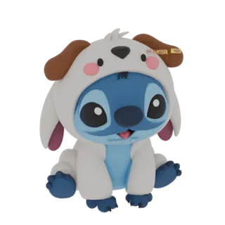 3D model of Stitch from Lilo & Stitch wearing a white dog costume with brown ears and pink cheeks, sitting down.