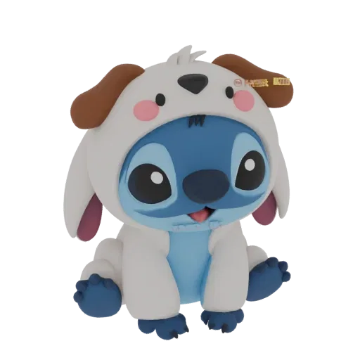 3D-Modell von Stitch aus Lilo & Stitch in einem weißen Hundekostüm mit braunen Ohren und rosa Wangen, sitzend.