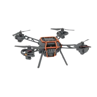 Modelo 3D de drone com corpo cinza, moldura protetora laranja vibrante e câmera, sobre fundo branco