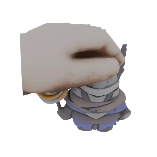 A 3D render of a human hand pinching a small, fantasy creature wearing detailed blue and gray armor.
