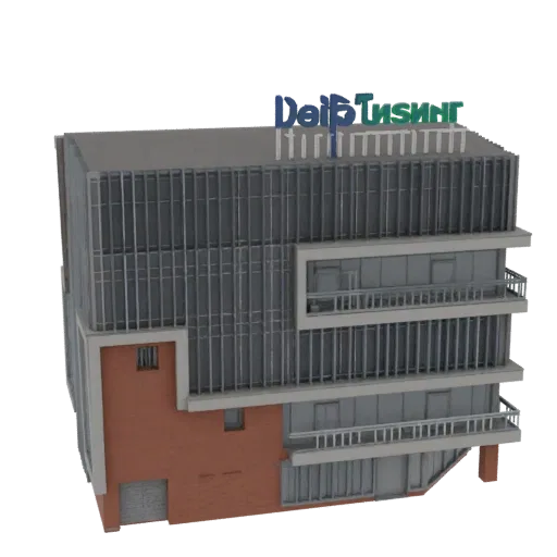 Modelo 3D de un edificio de oficinas moderno con fachada de cristal y base de ladrillo, con múltiples pisos y balcones.