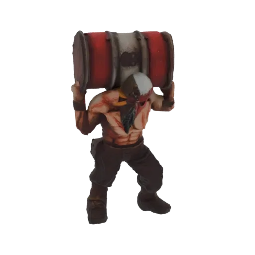 3D model of a muscular, masked warrior from a post-apocalyptic setting, carrying a large, weathered barrel over his shoulders