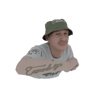 3D-Modell-Rendering eines Mannes mit grünem Fischerhut und T-Shirt, mit einem Tattoo am Arm.