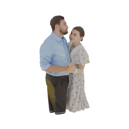 3D model of a man and woman dancing together, dressed in vintage clothing, with the man in a blue striped shirt and the woman