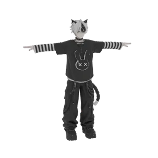 3D model of an e-boy anime character with black and white hair, cat ears, a bunny graphic t-shirt, striped sleeves, and cargo