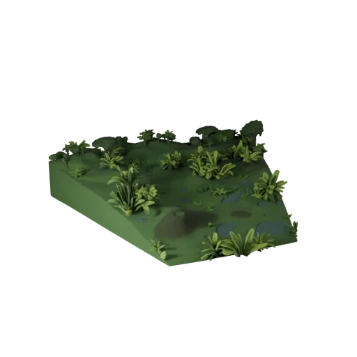Tropical Jungle Biome Stylized 3D model, stylized isometric environment render, showing terrain layers, terrain detail.