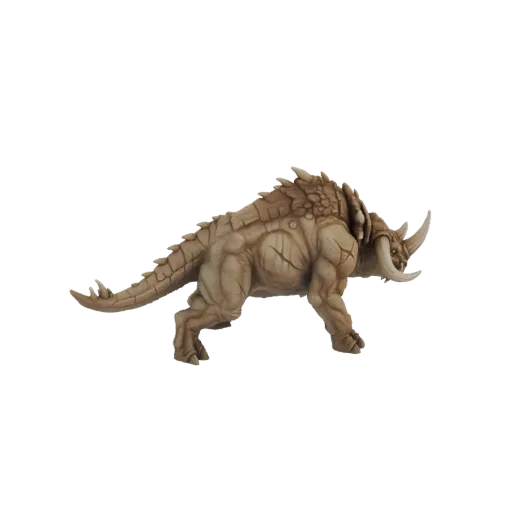 3D model of a fearsome, tan-colored armored beast with a large horn, textured plates, and muscular limbs, posed for action.