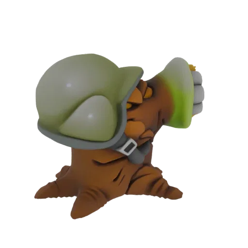 3D model of a cartoon tree character dressed as a soldier, wearing a green helmet and holding a yellow object.