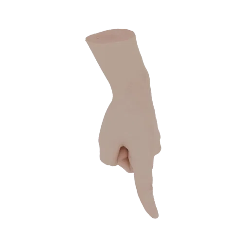 A 3D render of a realistic human hand with a neutral skin tone, pointing directly downwards with the index finger extended.