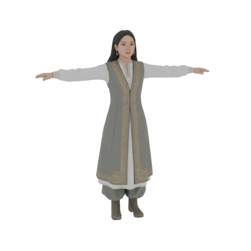 3D model of a woman in traditional Asian clothing, standing in a T-pose with arms outstretched.
