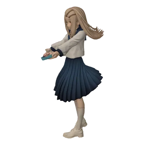 3D model of an anime schoolgirl in a blue skirt and white top, holding out a small gift with a shy expression.