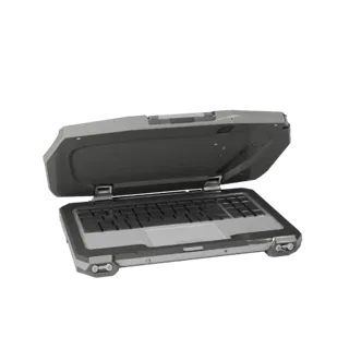 Rugged Portable Workstation Low Poly 3D model, game viewport three-quarter view, showing brushed metal, open lid angle.
