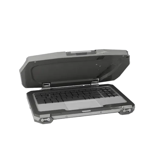 Rugged Portable Workstation Low Poly 3D model, game viewport three-quarter view, showing brushed metal, open lid angle.