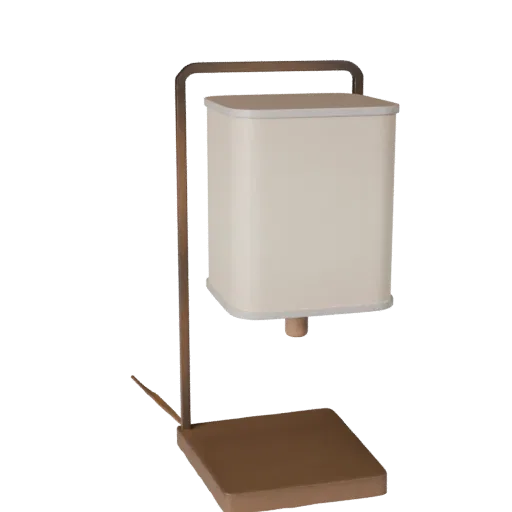 Lámpara de Mesa Minimalista Modelo 3D realista, interior de hogar, render de estudio a tres cuartos, detalle metálico.