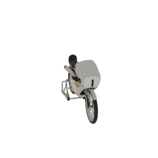 3D model of a white and yellow retro sportbike with a large front fairing and the number '1' visible.