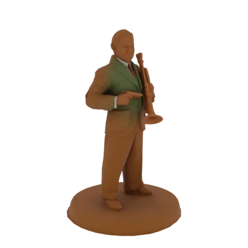 3D model of a jazz musician in a suit, holding a trumpet, standing on a circular base.
