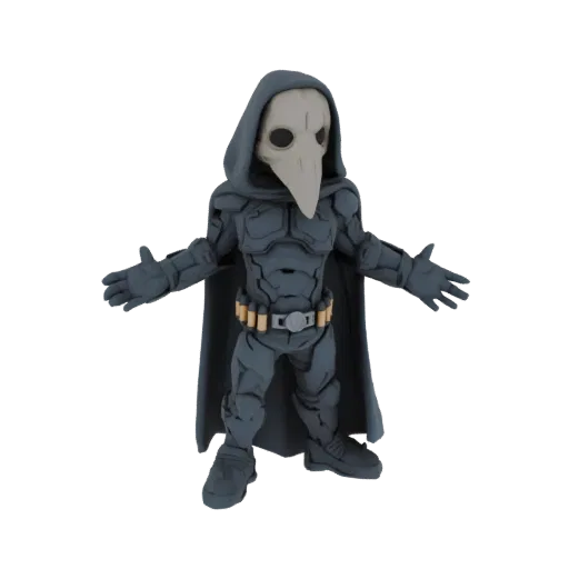 3D model of a chibi plague doctor knight wearing a dark armored suit and a plague doctor mask, with arms outstretched.
