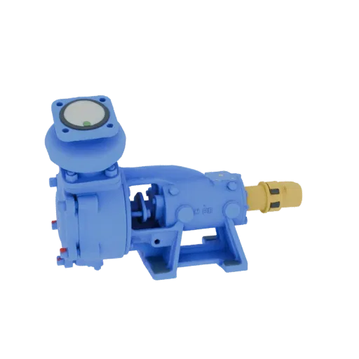 3D model of a blue industrial pump with a yellow connector and a visible internal rotor, set against a black background.