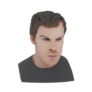 3D-Modell-Render einer Männerbüste mit intensivem Ausdruck, dunklem Haar und grauem T-Shirt vor weißem Hintergrund.