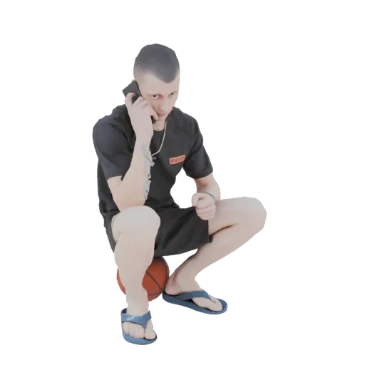 3D model of a man in a black t-shirt and shorts, crouching on a basketball while talking on a phone, with blue flip-flops.