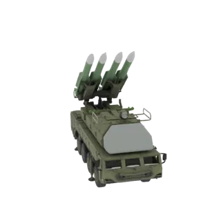 3D model of a green, tracked mobile surface-to-air missile system with four missiles raised on a launcher.