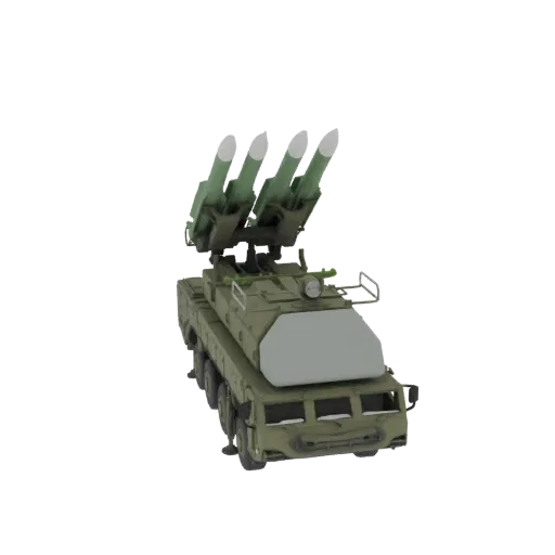 3D model of a green, tracked mobile surface-to-air missile system with four missiles raised on a launcher.