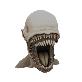 Renderização de modelo 3D de um busto de criatura de terror com boca bem aberta cheia de dentes afiados e língua detalhada, c