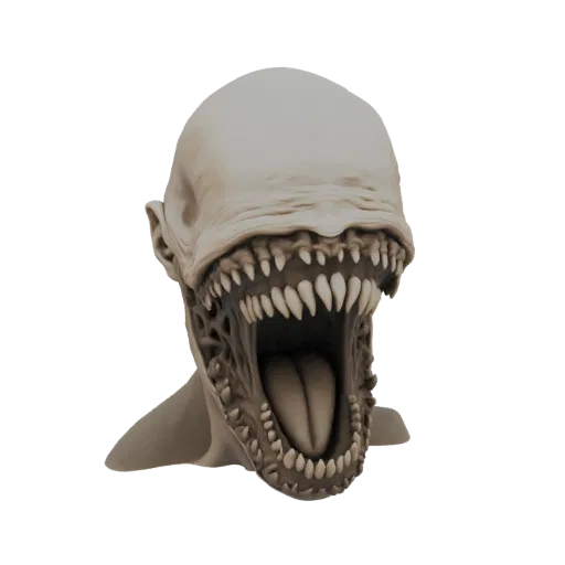3D model render of a horror creature bust with a wide-open mouth filled with sharp teeth and a detailed tongue, against a bla