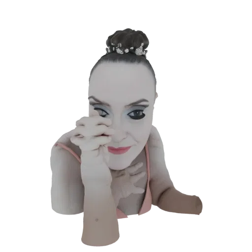 Modelo 3D de una bailarina de ballet con tiara de gemas, posada graciosamente con las manos cerca de su rostro, vistiendo un