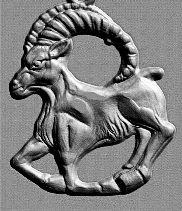3D model of mountain goat bas-relief with detailed horns and musculature, rendered in gray