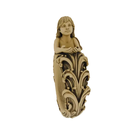 3D model of a young mermaid with flowing hair, emerging from a base of ornate acanthus leaves, rendered in a light beige, age