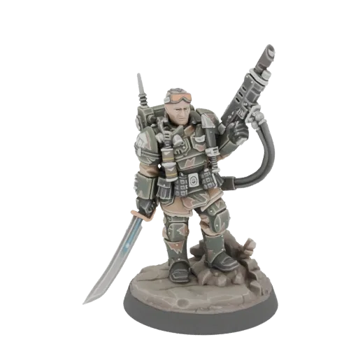 Modelo 3D de um Guarda Imperial sombrio com espada e arma pesada, em pé sobre uma base texturizada.