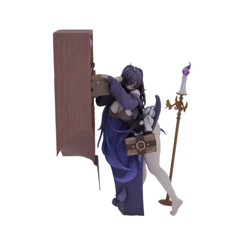 3D model of a mysterious librarian with long purple hair, glasses, holding a book and standing next to a candle.