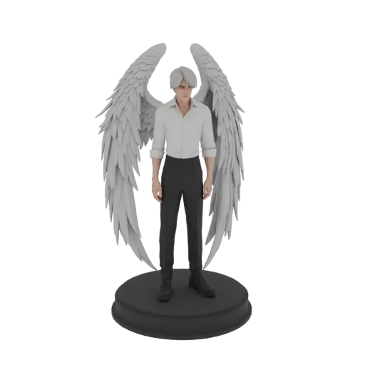 3D model of an Angel Warrior with large white feathered wings, wearing a white shirt and black pants, standing on a circular