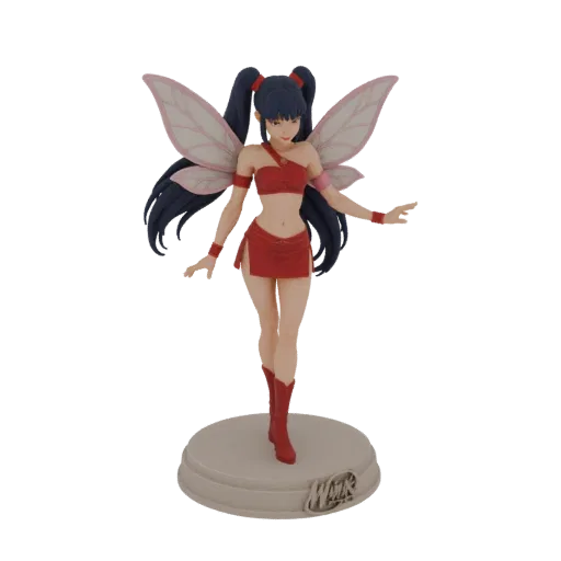 3D model of Winx fairy Bloom in a red outfit with pink wings, standing on a circular base with the Winx logo.