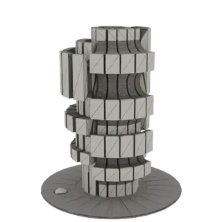 3D render of a futuristic cylindrical tower with multiple tiered levels and a circular base, presented against a black backgr