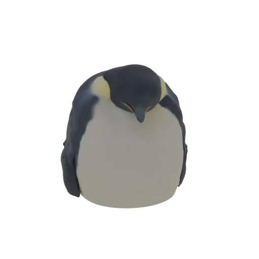 3D model of a chubby Emperor Penguin with its head bowed, showing its grey, white, and yellow plumage.