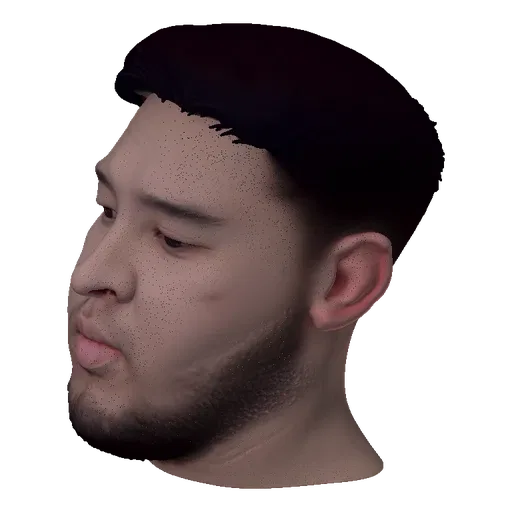 3D render of an AI-generated human head model with dark, textured hair and a beard, looking downwards.