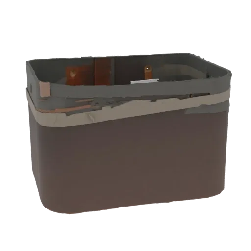 3D model of a rectangular container with a worn, distressed surface and visible tape.