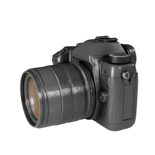 Action Video Camera 3D model, three-quarter front view, Unity viewport, showing textured grips, lens barrels.