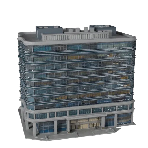 Glass Office Building high poly 3D model, close-up architectural render view, showing commercial office building materials an