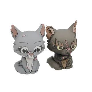 3D model render of two stylized cat figurines, one light gray and one dark gray, both with visible scars and large eyes, sitt
