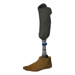Modello 3D di protesi di gamba con presa regolabile grigia e piede color cuoio, in piedi su una superficie bianca.