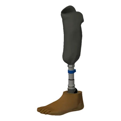 3D model of a prosthetic leg with a grey adjustable socket and a tan-colored foot, standing on a white surface.
