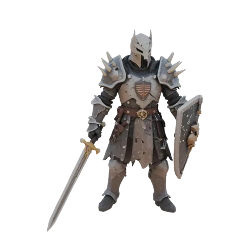 3D model of a knight in heavy armor, with a distorted helmet, bone spikes, and a ritual sword, standing in a combat pose.
