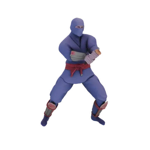3D model of a purple ninja figure in a dynamic action pose, wearing a red sash and protective gear.